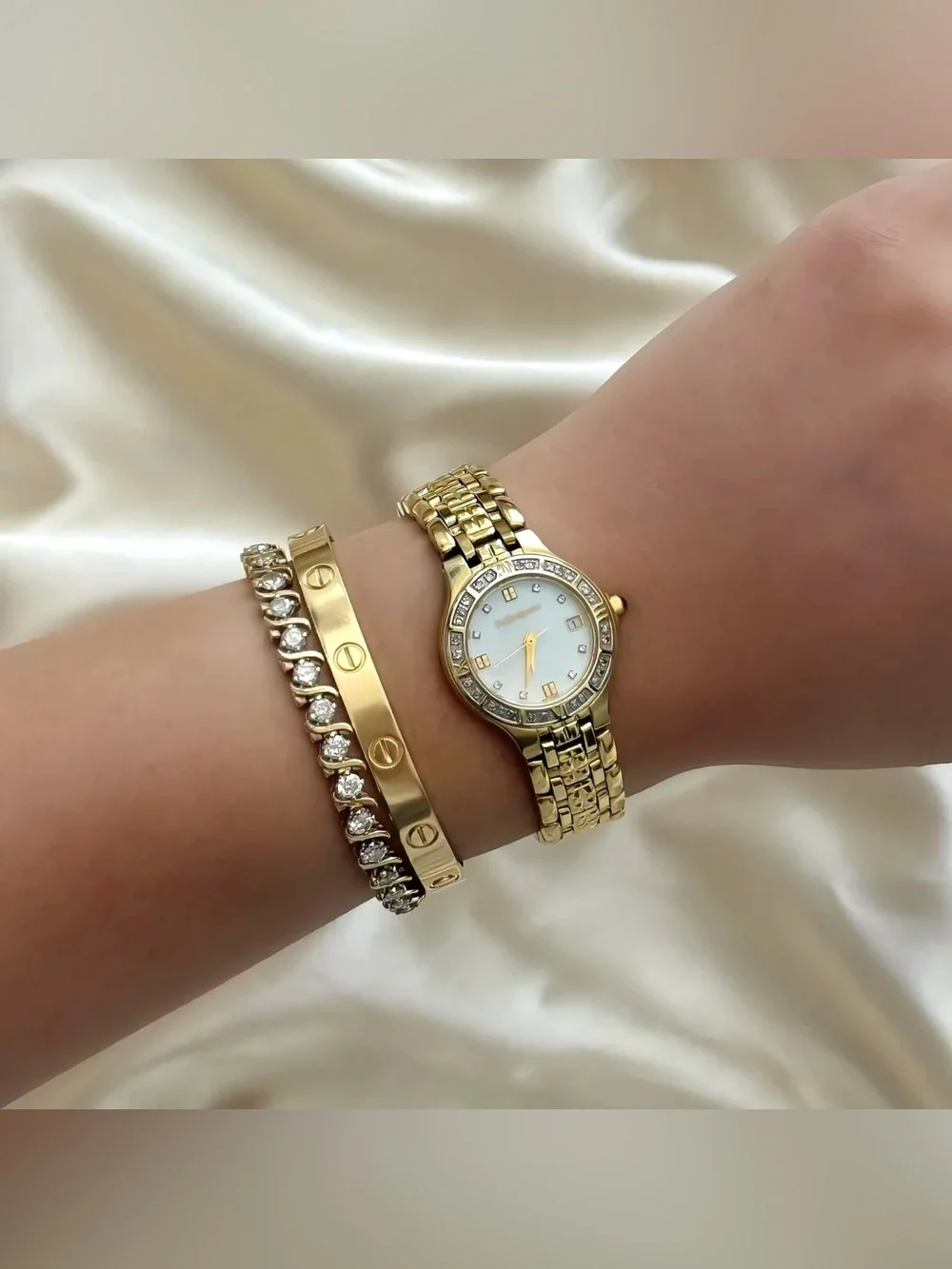 AUTHENTIC VINTAGE YVES SAINT LAURENT GOLD WATCH - MOTHER-OF-PEARL DIAL